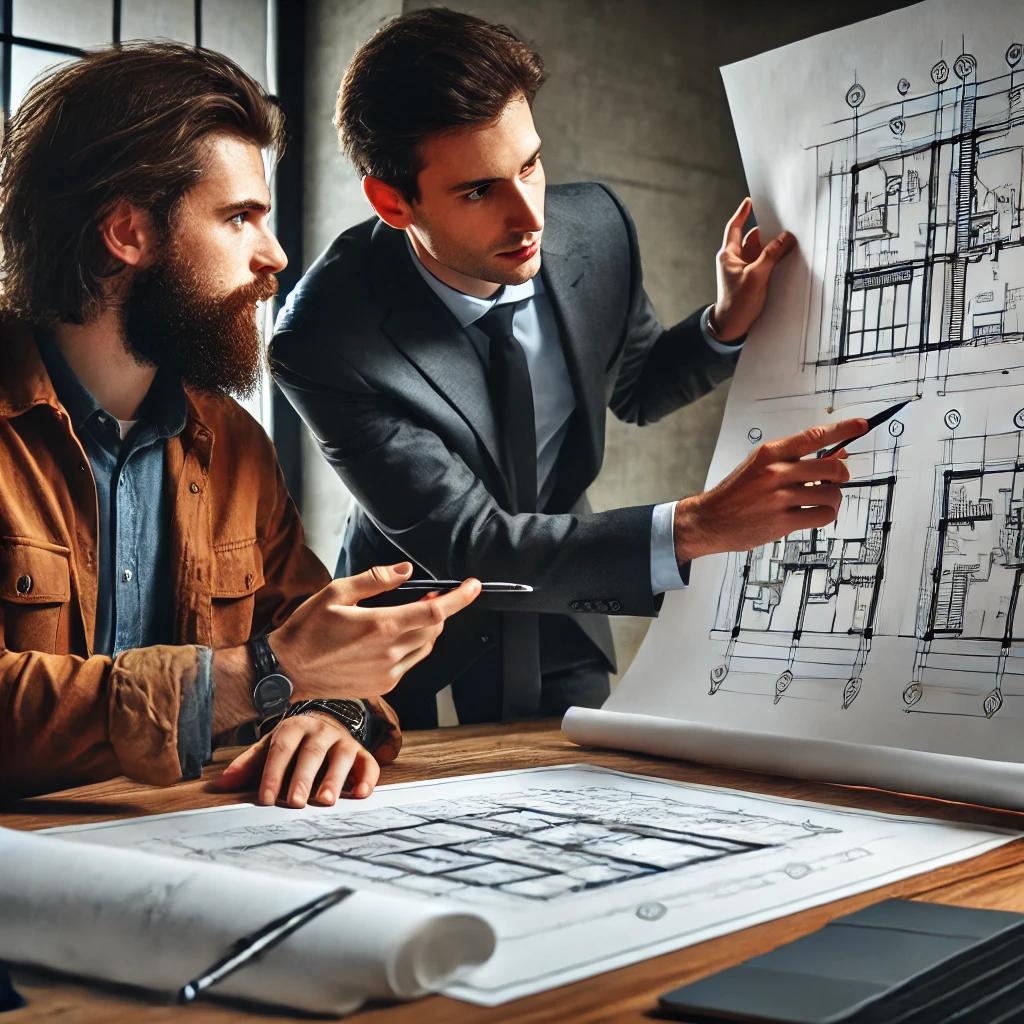 A_draftsman_presenting_technical_drafts_to_a_clien